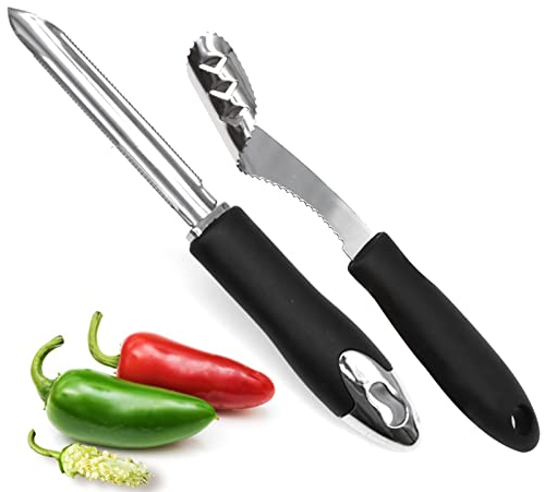 Stainless Steel Jalapeño Pepper Corer Set of 2 with Serrated Blade and Rubber Handle - Core Deseeder for Jalapeños, Chilis, Bell Peppers, Zucchini & Cucumber
