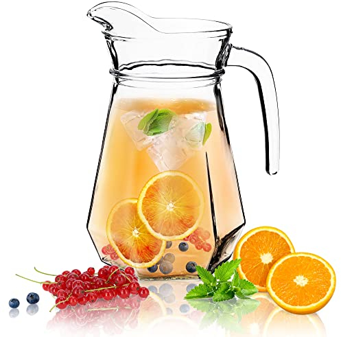KADAX Jarra de Vidrio Transparente con una Capacidad de 1.2 Litros, Jarra de Cristal con Asa para Servir Bebidas Frías como Agua, Leche, Zumos, Limonadas y Más