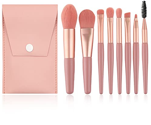Pennello per Trucco, Set Pennelli Trucco, Con Borsa di Stoccaggio, Pennello Fondotinta, Pennello Ombretto, 8 Pennelli, Rosa