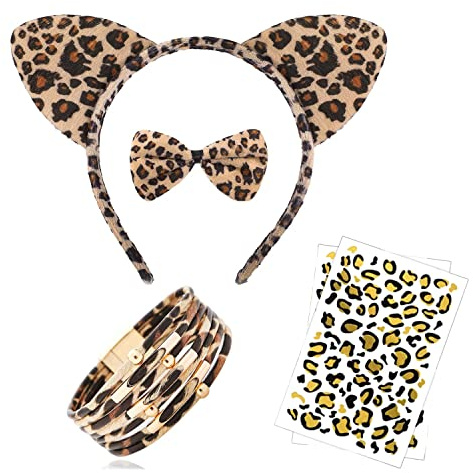 5-teilig Leoparden Kostüm Set, Leopard Gesichts Kunst Aufkleber,Tier Leopard Stirnband Fliege,Leopardenohren Haarreif,Leoparden Armband,Leopards Kostüme für Kinder,für Kostüm Party Dekoration Zubehör