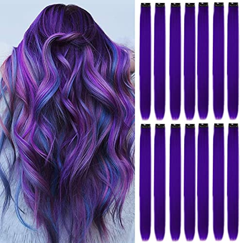 16pcs Extensions à Clip Couleur, Mèches Colorées Postiches Raides et Longues Synthétiques Résistants à La Chaleur - Accessoires Cheveux Fille (22 Pouces, Violet)