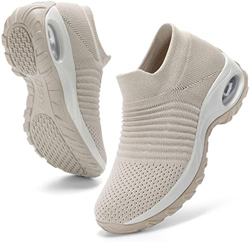 HKR Womens Walking Shoes Slip On Shoes Lightweight Platform Comfortable Sock Sneakers Light Taupe Size 8.5