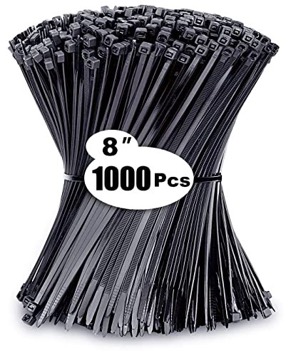 Cable Ties 1000 Pack, 3.6 x 200mm Black Zip Ties 8 inch, 40lbs Tensile Strength with UV Resistant, Tie Wraps Nylon Plastic Ties Self Locking Large Heavy Duty Cable Wrap for Tidy Wires Workshop Garden
