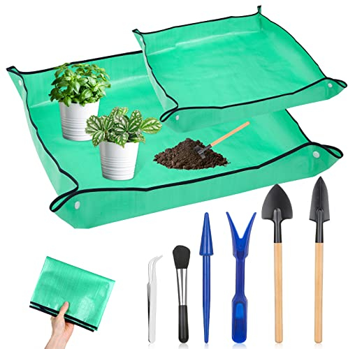 Tappetino per rinvaso per giardino, 2 tappetini impermeabili per piante da interno pieghevole, portatile, con 6 mini attrezzi da giardino set per gli amanti delle piante, regali di giardinaggio