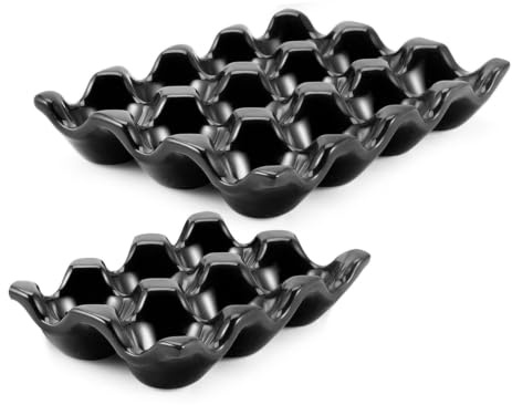 Flexzion Ceramic Egg Holder for Fridge, 18-Cup Porcelain Tray, Black | Countertop Egg Organizer with 12-Cup and 6-Cup Trays for Storing Standard Chicken Eggs or Serving Appetizers