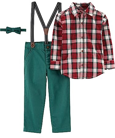 Simple Joys by Carter's Kleinkind Jungen 4-teiliges Set mit Fliege und Strapshose für besondere Anlässe, 4 Stück, Olive Heather/Red Tartan Plaid, 2T, Olive Heather/Red Tartan Plaid, 2 Jahre