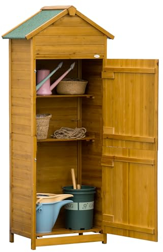 Casetta per attrezzi Outsunny in legno naturale, armadio per attrezzi, armadio da giardino, casetta da giardino, casetta per attrezzi, 2 ripiani, resistente alle intemperie, 2 porte, 79 x 49 x 191,5