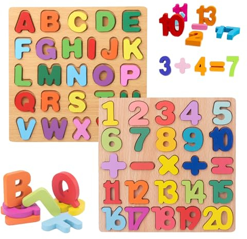 MisFun 2 Stück Holzpuzzle, Kinder Steckpuzzle aus Holz Greifpuzzle, Holz Puzzle Zahlen Buchstaben Grafiken, ab 3+ Jahre Kinder Spielzeug für Frühes Lernen Bildungsspiele Holzpuzzle