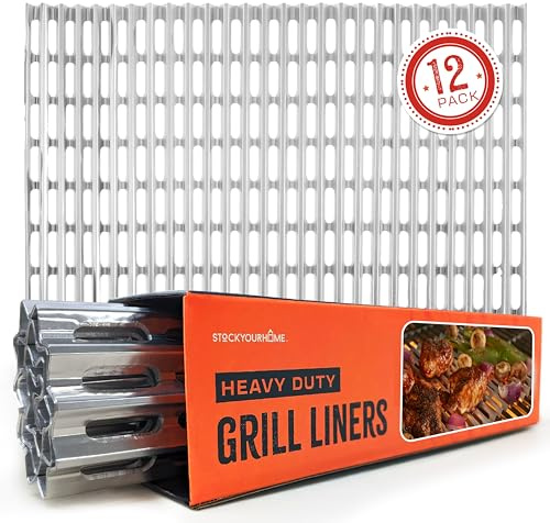 Stock Your Home 12 Pack Aluminum Grill Grate Liners, 12 x 20 No Mess Foil Disposable Grill Toppers for Outdoor Charcoal BBQs, Grilling Accessories