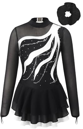 TiaoBug Mädchen Langarm Eiskunstlauf Kleid Kürkleid Strass Stein Tanzkleid mit Haargummi Gymnastik Turn Anzug mit Röckchen Tanzbekleidung