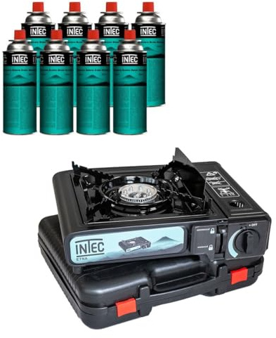 INTEC - Réchaud gaz Portable ETNA 2200 W (Piezo/Mallette) | Mega Kit avec 8 Cartouches Butane Incluses | L'équipement idéal pour Camping, Randonnée et Road Trips.