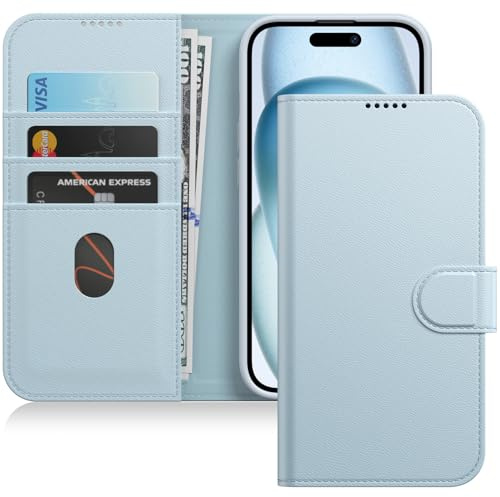 JETech Wallet Case for iPhone 15, Blue | Shockproof PU Leather, Card Holder, Magnetic Flip Cover, Stand Feature, Full Camera Protection
