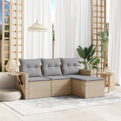 Rantry 4-TLG. Gartensofa Set mit Kissen Gartenlounge Loungesofa Gartenmöbel Balkonmöbel Ecklounge Ecksofa Loungemöbel Sitzgruppe für Garten Terrasse und Balkon Beige Poly Rattan