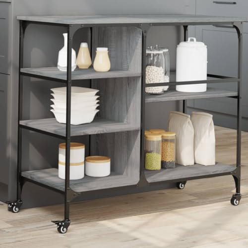 Homgoday Carrito de Cocina con Ruedas, Estante de Almacenaje Vintage, Madera y Acero, 4 Ruedas con Freno, Multifuncional para Cocina y Sala