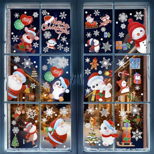 LIHAO 9 Blatt Fensterbilder Weihnachten Fensterdeko Schneeflocken Fenstersticker Selbstklebend Winter Fenster Aufkleber Weihnachtsdeko Rentier Weihnachtsmann Deko für Glasfenster (20×30CM)