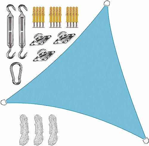 Tenda parasole triangolare, 2 x 2 x 2 m, colore blu lago, vela parasole per terrazza, patio, cortile, con kit di fissaggio resistente, protezione solare dai raggi UV, vela ombreggiante per esterni,