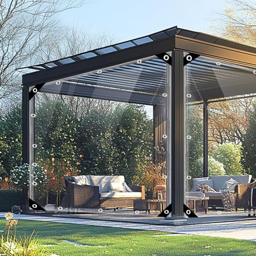 Ezcasch 2x2m Plane Transparent mit Ösen 420g/m² PVC für Outdoor Terrasse | 420g/m² PVC Plane,mit Seil und Kabelbindern, Wasserdicht Abdeckplane, Durchsichtige Plane,Schutz vor Regen, Wind und Staub