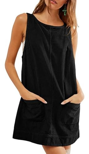 Haibang Latzkleid Damen Cord Overall Kleid Ärmellos A Linie Minikleid Lässig Vintage Cordkleid Locker Latzrock Herbst Winter Latzhose Pullover mit Taschen