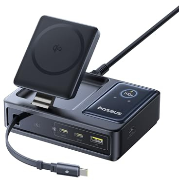 Baseus NOMOS 5 en 1 Estación de Carga, 140 W Cargador USB-C con Cargador MagSafe Qi2.0 de 15 W, Cable Retráctil Tipo C, Conectores 2*USB-C y 1*USB-A y Pantalla Digital, para iPhone/Macbook/Surface