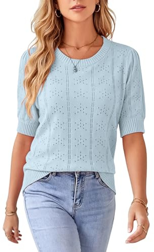 Timuspo Kurzarmpullover Damen Sommer Puffärmel Rundhals Kurzarm Bluse Leicht Herbst Strickpullover Ausgehöhlte Tops Hellblau XL