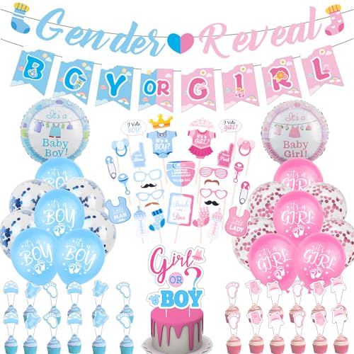 Gender Reveal Decoration Set - 73Pcs Pink Blue Banner Balloons Props | Blue Pink Boy Girl Banner Latex Balloons Cake Toppers Photo Props Gender Reveal Baby Shower Decor