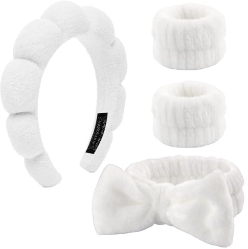 4 Stück Haarband Kosmetik,Spa Stirnband Make Up Schwamm Set Damen, Hautpflege Stirnband Waschen Gesicht Wristband Set Für Frauen Schönheit Mädchen Yoga Sport Dusche Make-up-Entfernung (Weiß)