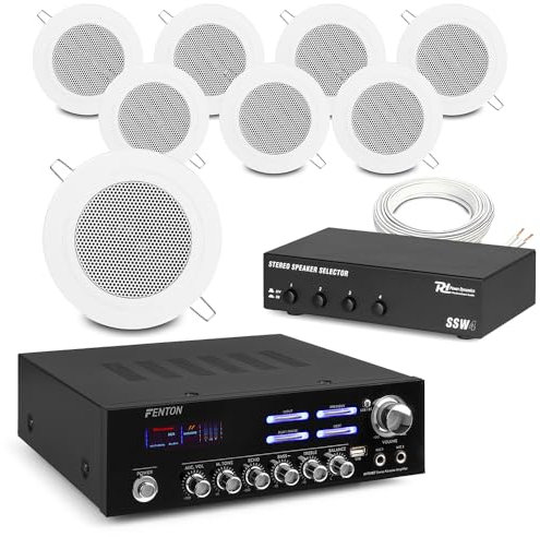 Power Dynamics 4-Zone Ceiling Speaker System Package - 8x 3 PD CSBA3L Compact Ceiling Speakers, Fenton Amplifier, Speaker Selector & Cable, Ideal for Offices, Homes, & Retail Spaces