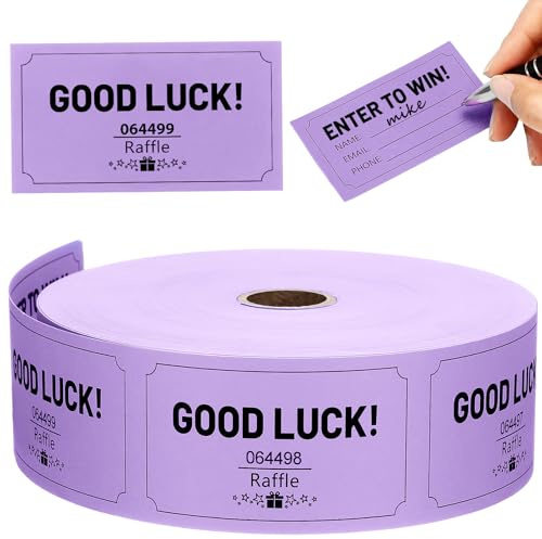 Clabby 1000 rollos de boletos grandes para rifa, tarjetas moradas, formulario de entrada en blanco con nombre, teléfono, correo electrónico, para eventos, premios de recaudación de fondos, imprimibles