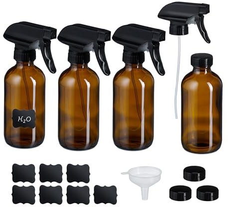 Relaxdays Pulverizador Agua Cristal, Set 4, 500 ml, Niebla, Chorro, Botella Spray Pelo, Limpieza, Plantas, Marrón/Negro