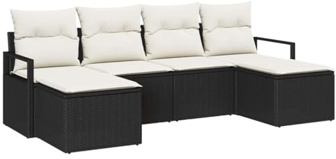 vidaXL 6-delars Trädgårdsoffset Med Kuddar Svart Och Grädde Poly Rattan Utomhus Sektionmöbler Patio Lounge Modulär Seating