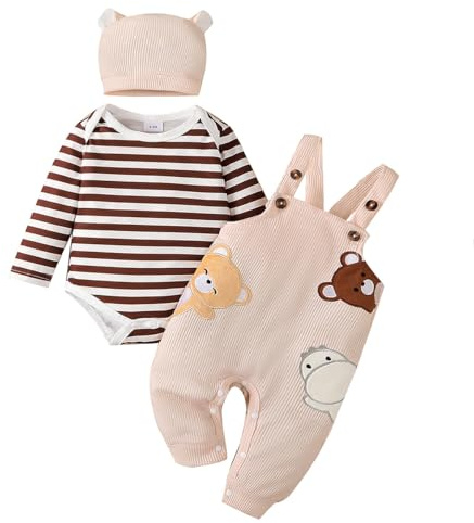 LUVCES Babykläder för pojkar, långärmad randig sparkdräkt + söta hängslen, overall med tecknade djur mössa för pojkar, 3 st, höstoutfit 0–18 månader, C:3 st brun randig björn, 6-12 Jahre