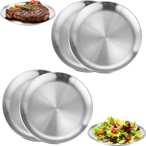 ORFCP 4 Vajilla redonda de acero inoxidable, plato de acero inoxidable camping, 26 cm vajilla redonda, plato de barbacoa