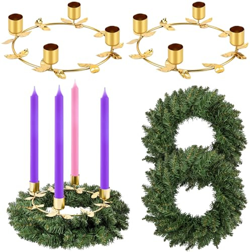 Acellegic 2 Pcs Christmas Advent Wreath Candle Holder Norfolk Pine Needle Wreath with 2 Gold Ring Candle Holder for Table Centerpiece Decoration Church Home Winter Holidays