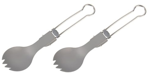 Toyvian 2Pcs Titanium Folding Sporks Lightweight Outdoor Dinnerware Camping Tableware Portable Picnic Fork Spoon Combo with Ergonomic Handle for Hiking Backpacking