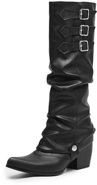 Botas 2 En 1 Para Mujer, Convertibles En Botas Altas Y Botines De Piel Sintética Estilo Slouch Con Tacón Cuadrado Y Múltiples Hebillas Botas Sin Cordones Con Punta Fina Ideales,Negro,38 EU