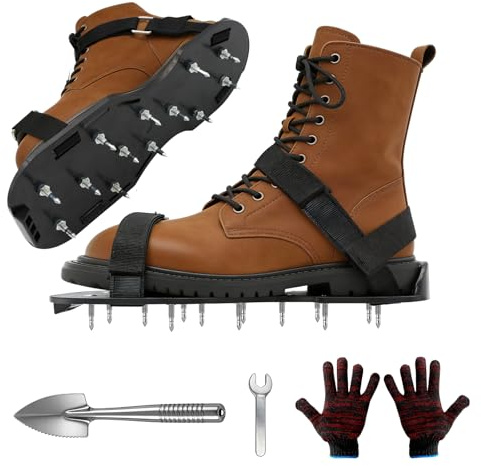 KASURE Rasenlüfter Schuhe,Nagelschuhe Vertikutierer Schuhe mit Schaufel Und Handschuhe，Allgemein Nagelschuhe Ausgleichsmasse，Rutschfests Rasenbelüftung Schuhes für Garten(Schwarz)