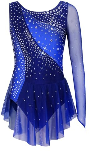 ranrann Abito da Danza Classica con Strass per Ragazza Monospalla Vestito da Pattinaggio Artistico Balletto Body da Ballo Latino Salsa Ginnastica Ritmica Dancewear A Blu Navy 11-12 Anni