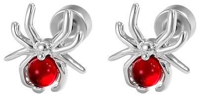 20g Spider Flat Screw Back Stud Earrings, Titanium Steel Silver Plated with Colorful Stone – Punk Gothic Cartilage Jewellery Women & Men, Halloween Party & Tragus Piercing (Red)