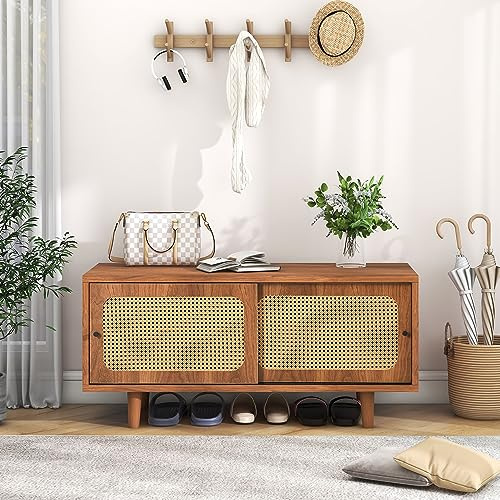 Zapatero Con Tablero De Partículas, Puertas De Ratán Sintético Y Estantes Ajustables, Armario Para Zapatos Con Almacenaje, Mueble Auxiliar Para Entrada Y Dormitorio,Nogal, 104.00 x 40.00 x 48.00 cm