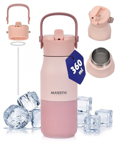 Majestic Sport Thermosflasche 360 ml Edelstahl, Trinkflasche mit Strohhalm und Griff, Kleine Isolierflasche Auslaufsicher für Kinder, Schule, Reise, Büro, Puderrosa