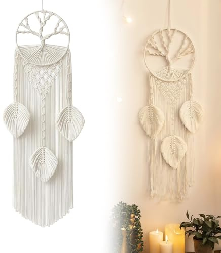 Zueyen Makramee Traumfänger Boho Wanddeko, Baum des Lebens Wandbehang groß, Handgefertigt aus Baumwolle mit Federn, Dekoration für Wohnzimmer & Flur, Beige 20x80cm