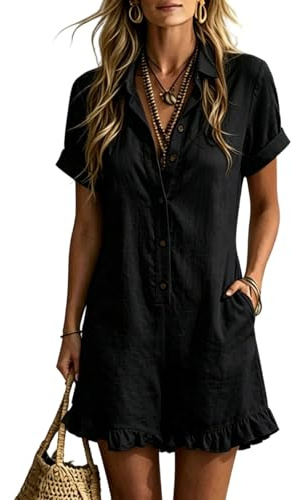 Summer Jumpsuits for Women UK Casual Cotton Short Playsuits Short Sleeve V-Neck Button Down Romper Ruffled Hem One Piece Overalls with Pockets for Work Office Holiday
