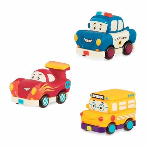 B. toys - ¡Mini Wheeee-LS! - Pull Back Cars - 3 Mini Coches de Juguete - Autobús, Coche de Carreras, Coche de policía - Vehículos de Juguete para niños - 1 año +