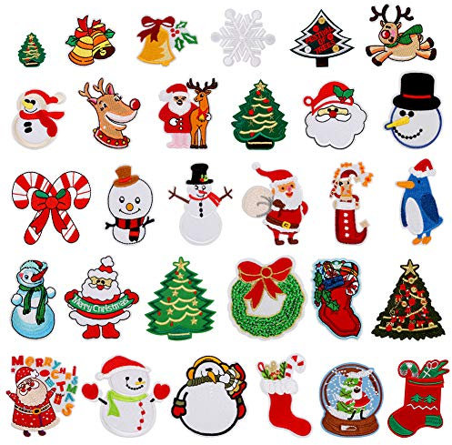 30 Stück bestickte Applikationen, Weihnachtsmann, Schneemann, bestickt, zum Aufbügeln, für Weihnachten, Festival, Party, Stoff, Hut, DIY-Dekoration