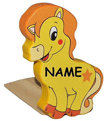 alles-meine.de GmbH 2 in 1: Türstopper/Fensterstopper/Unterlegkeil - aus Holz - Pferd Pony incl. Name - Türkeil/Klemmschutz/Türpuffer/Holztürstopper - für Kinder/Jung..