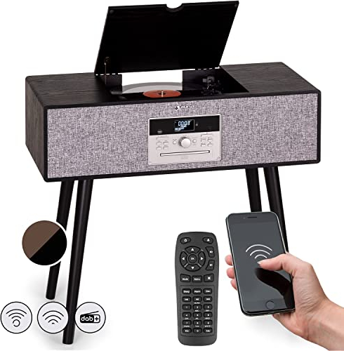 Auna Plattenspieler für Schallplatten, Plattenspieler mit Lautsprecher, MP3, CD-Player & USB, Schallplattenspieler mit Bluetooth & Fernbedienung, DAB+/FM Radio, Moderner Plattenspieler mit Beinen