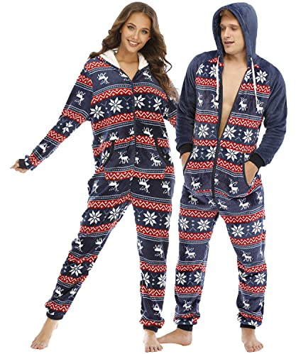 QIYUANT julpyjamas onesie flanell, fleece, par matchande pyjamas dragkedja, höst vinter vår, varm jumpsuit, hemmadräkt med fickor, L