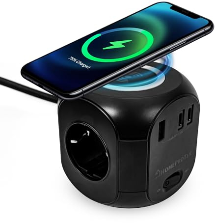 HOMEPROTEK Ciabatta Multipresa Con USB : Power Cube Con Caricatore Wireless, 3 Prese AC, 2 Porte USBC, 1 Porta USBA, Interruttore - Ciabatta Elettrica Compatta e Versatile per Casa e Ufficio - Nero