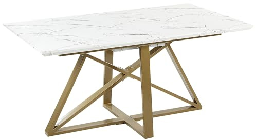 Table Extensible Dorée Marbrée en MDF et Métal 160/200 x 90 cm pour Cuisine Maximus