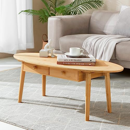 [en.casa] Couchtisch Harboøre Wohnzimmertisch Ovaler Kaffeetisch mit Holz Beinen Sofatisch mit 2 Schubladen 37x100x48cm für Wohnzimmer Bambus Naturfarben